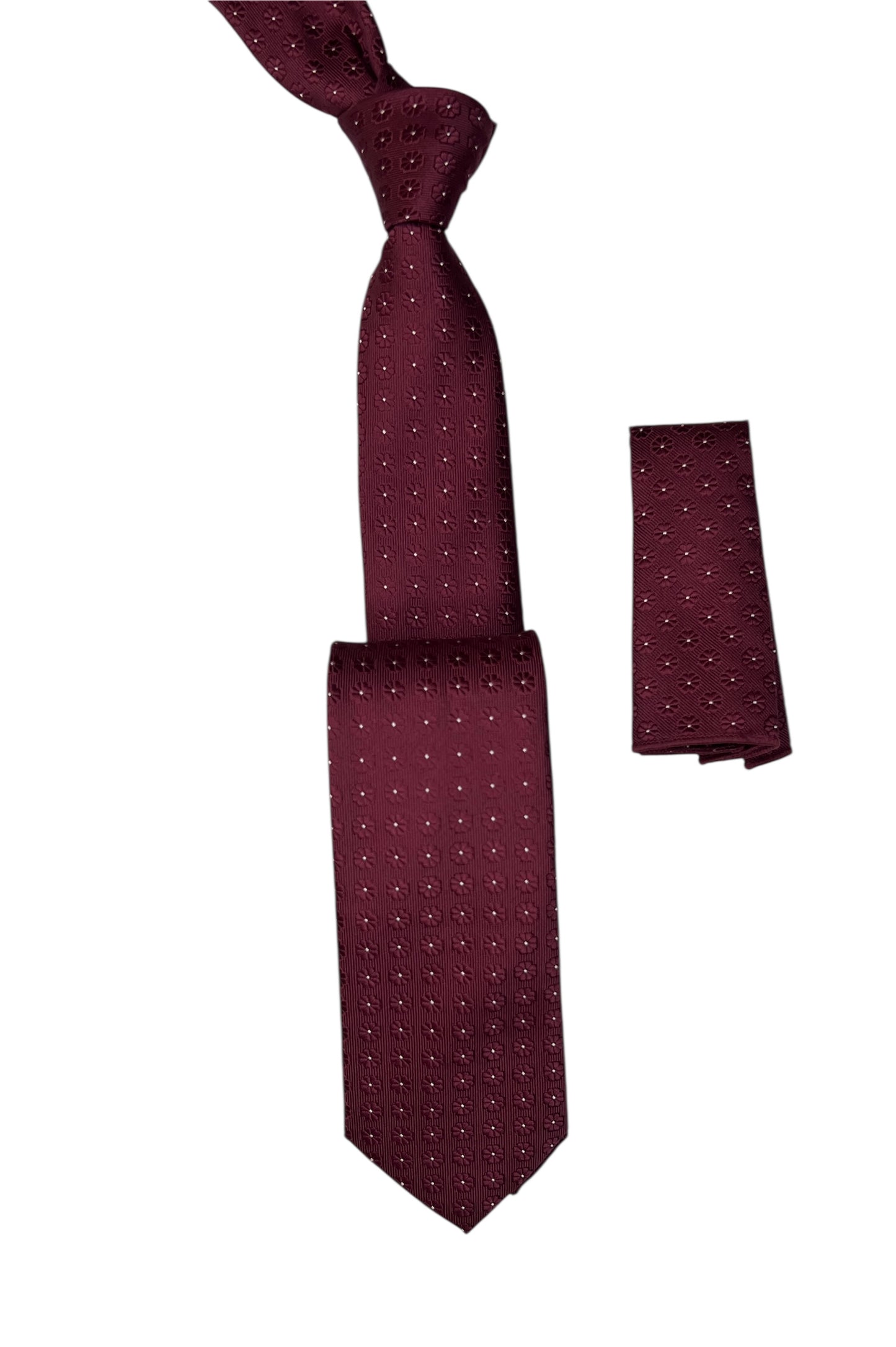 Doted Woven Tie with handkerchief 7cm burgundy