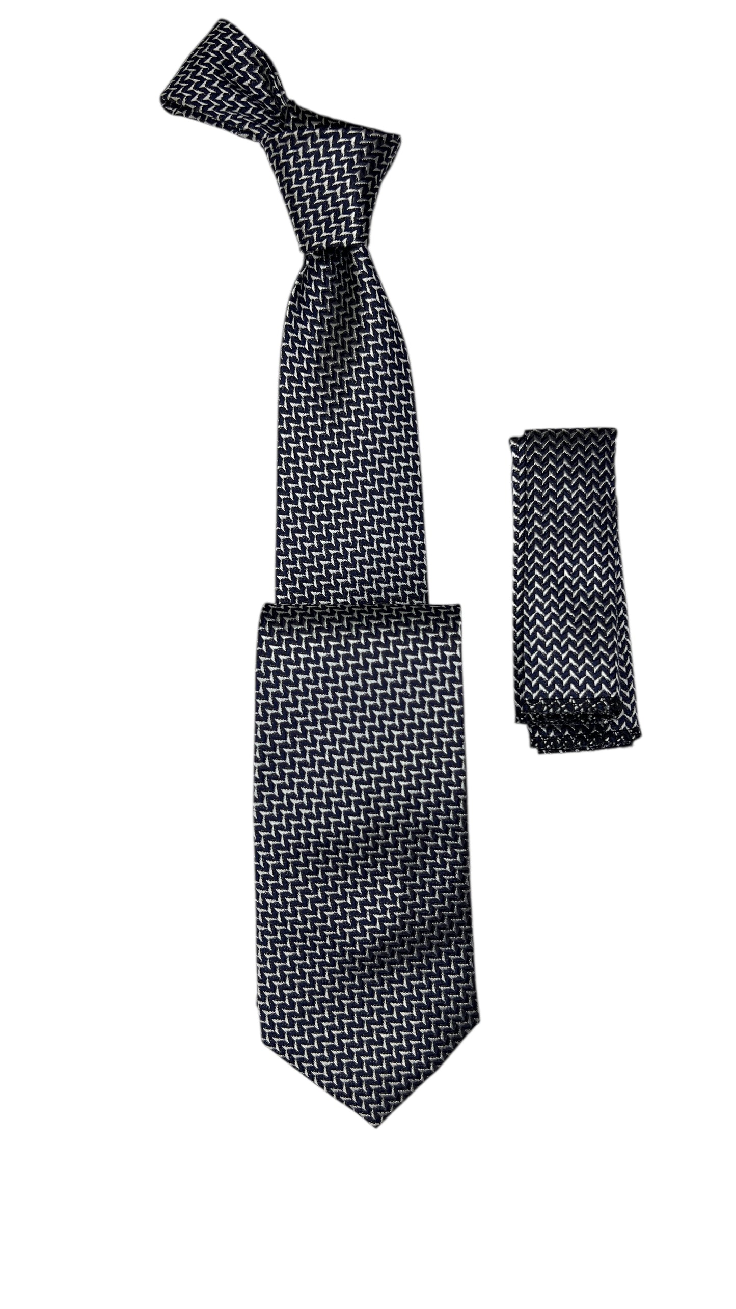 Jacquard Woven Tie with handkerchief 8cm navy