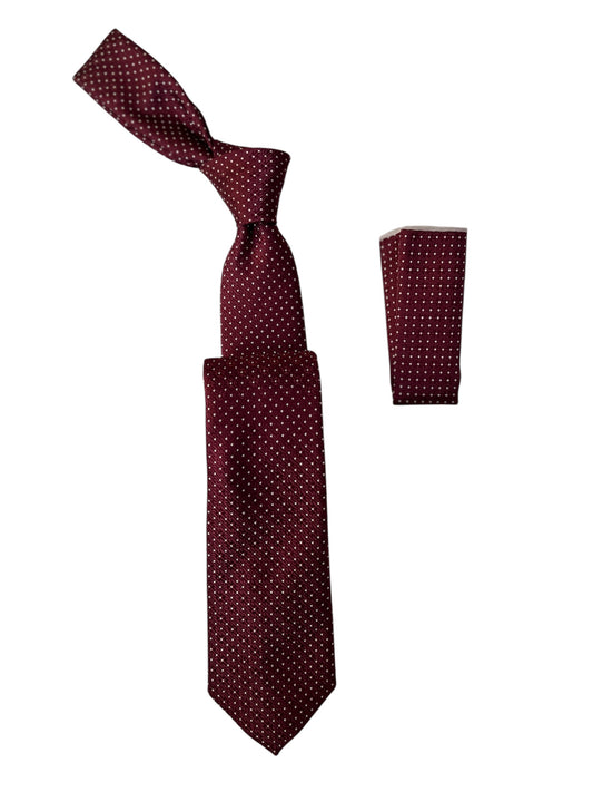 Doted Woven Tie with handkerchief 7cm burgundy