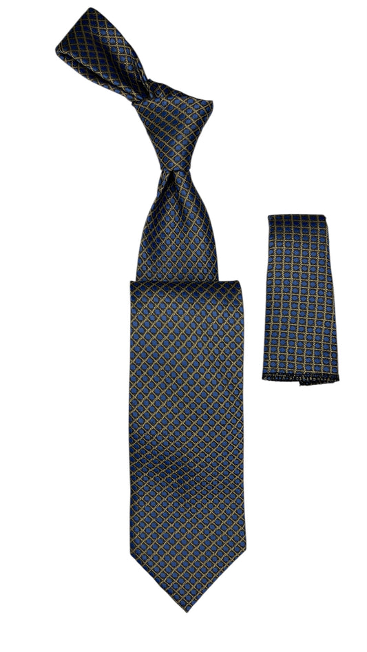 Jacquard Woven Tie with handkerchief 8cm navy
