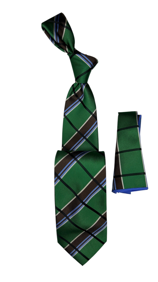 Jacquard Woven Tie with handkerchief 8cm green