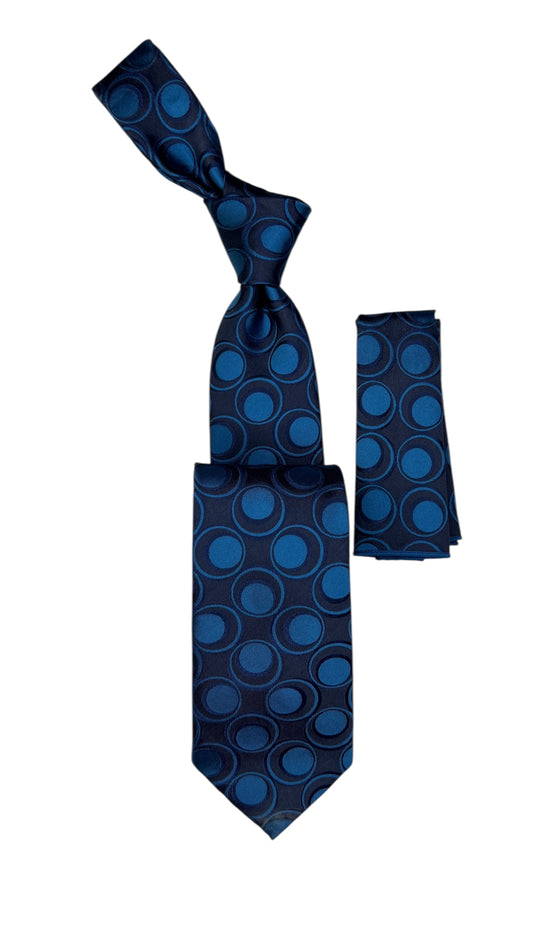 Jacquard Woven Tie with handkerchief 8cm navy