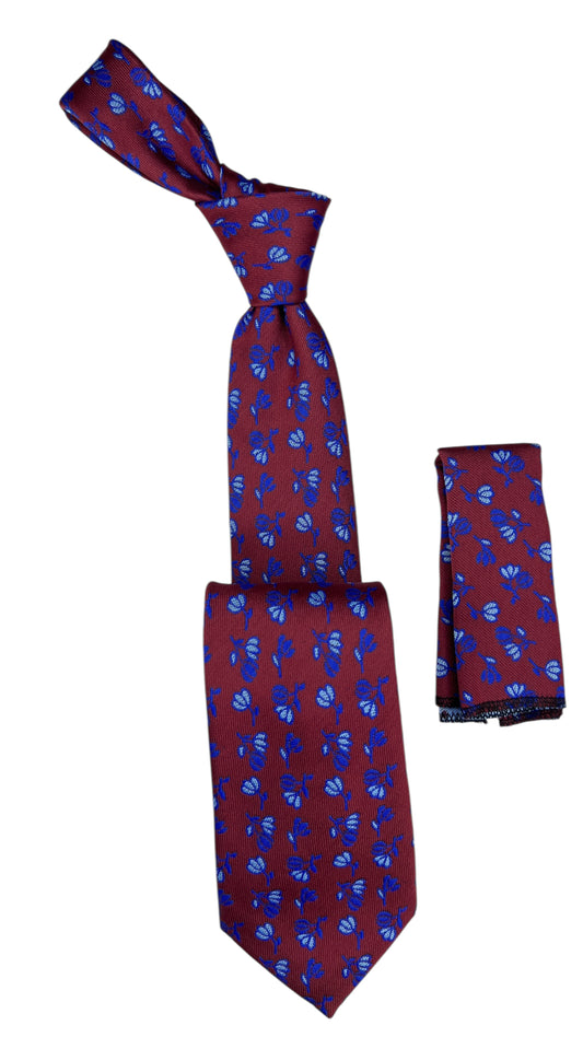 Jacquard Woven Tie with handkerchief 8cm Burgundy