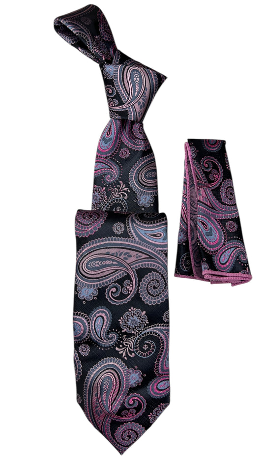 Jacquard Woven Tie with handkerchief 8cm black