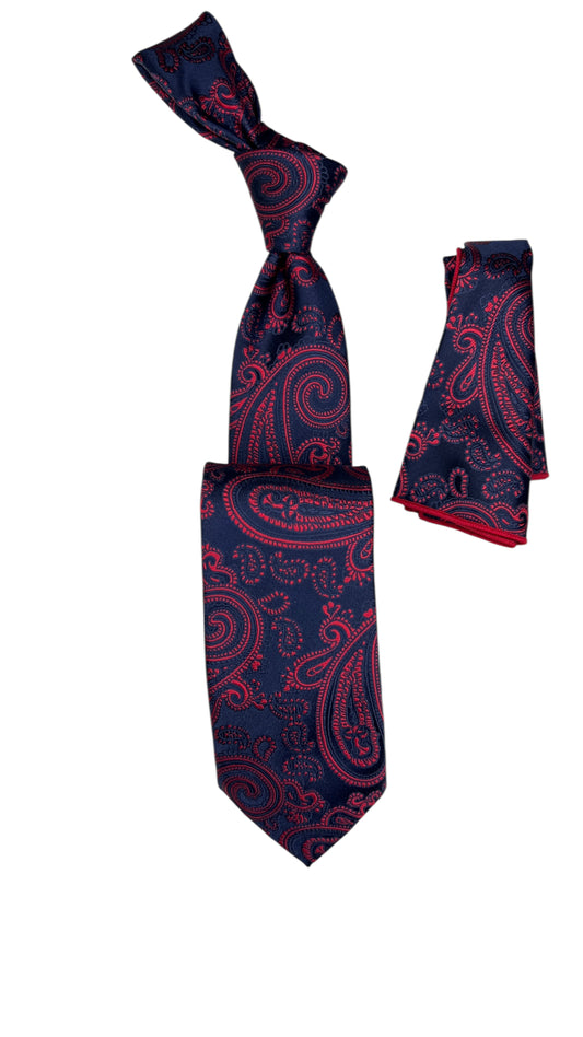Jacquard Woven Tie with handkerchief 8cm navy