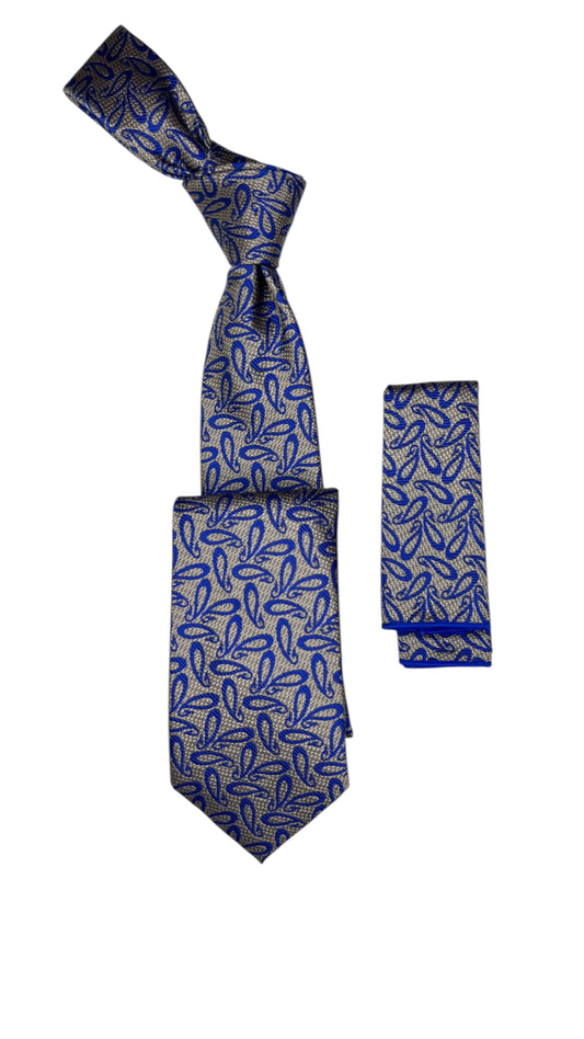 Jacquard Woven Tie with handkerchief 8cm Blue
