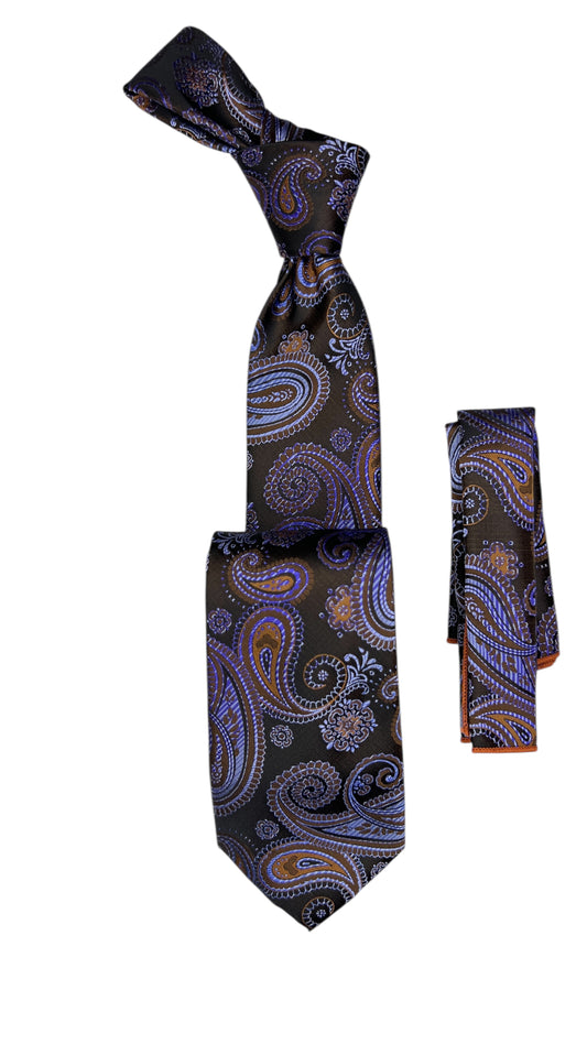 Jacquard Woven Tie with handkerchief 8cm Black