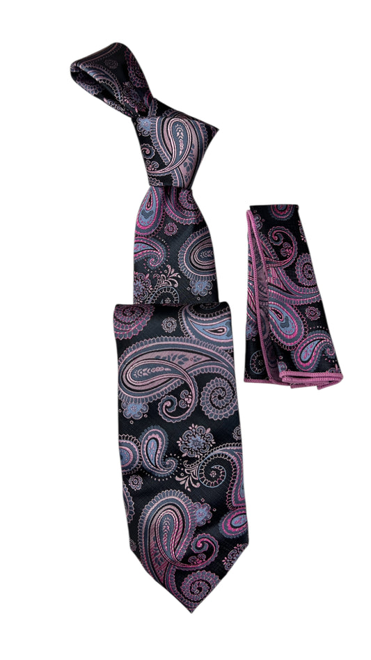 Jacquard Woven Tie with handkerchief 8cm Black