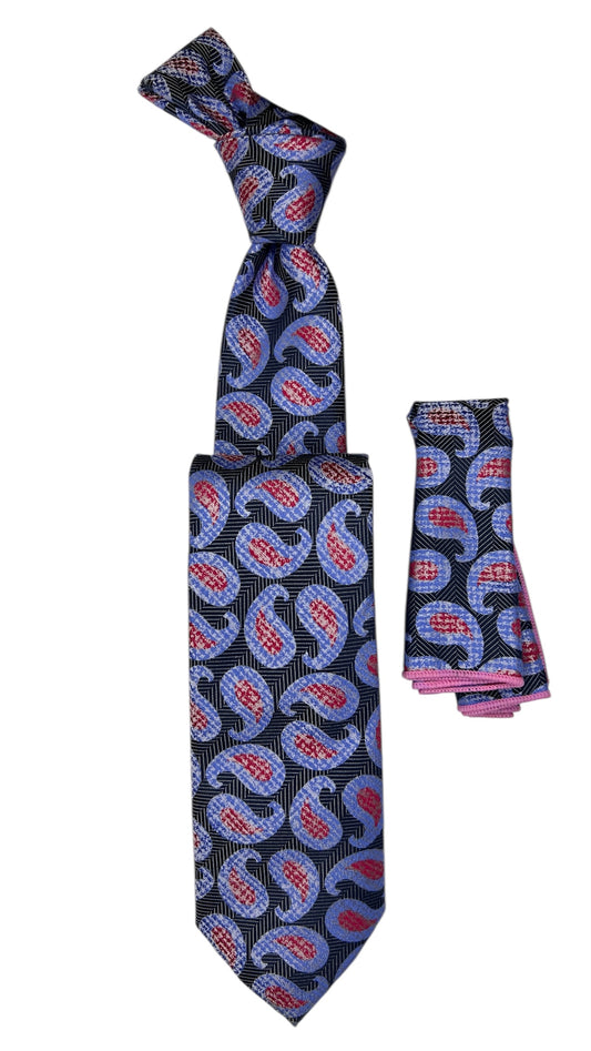 Jacquard Woven Tie with handkerchief 8cm navy