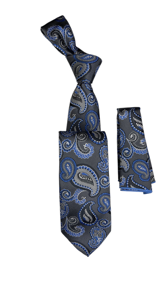 Jacquard Woven Tie with handkerchief 8cm navy