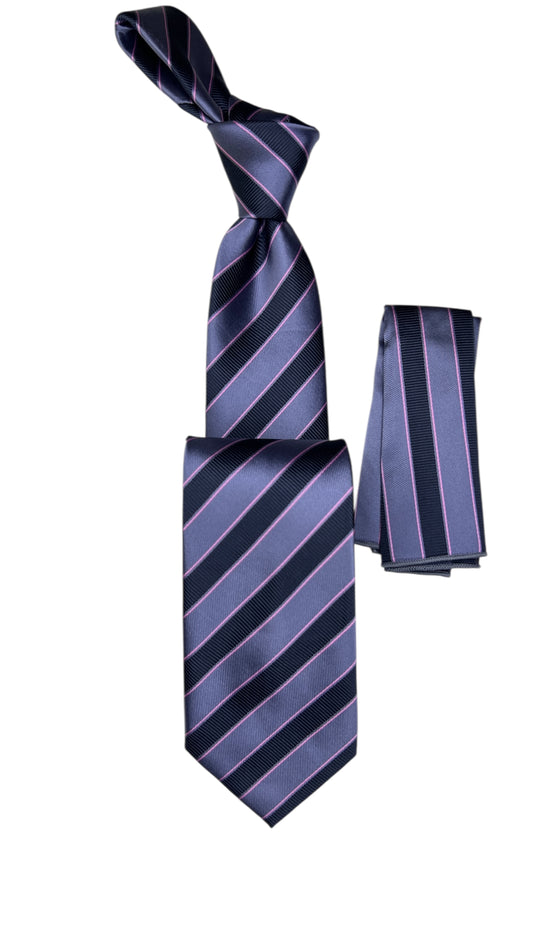 Jacquard Woven Tie with handkerchief 8cm navy