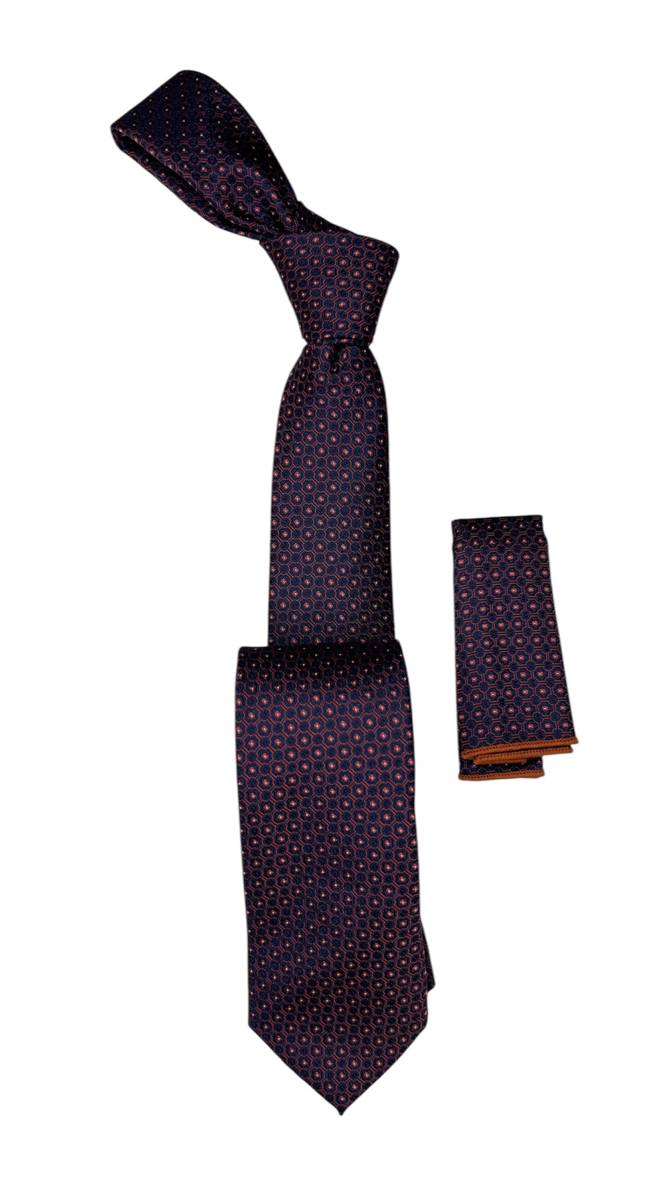 Doted Woven Tie with handkerchief 7cm navy