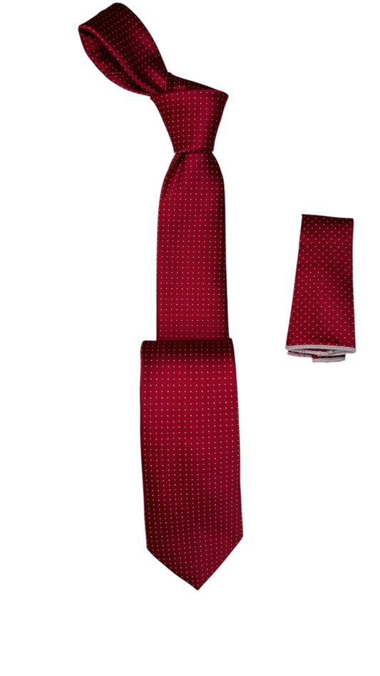 Doted Woven Tie with handkerchief 7cm Burgundy