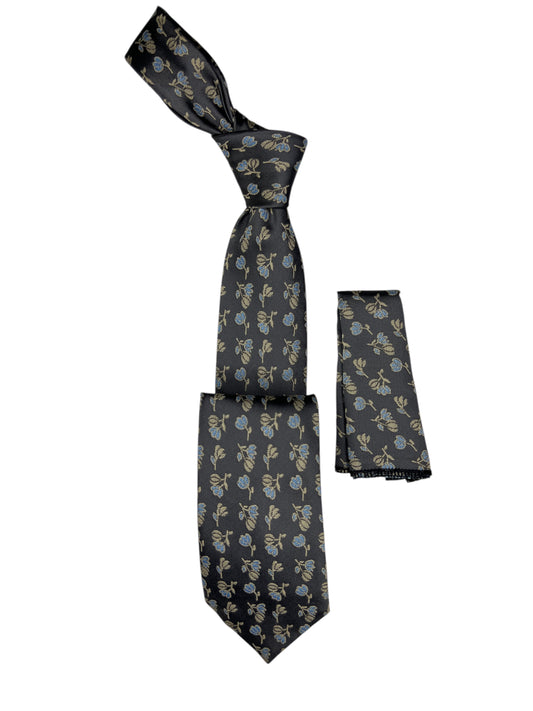 Jacquard Woven Tie with handkerchief 8cm grey