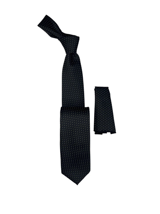 dotted Woven Tie with handkerchief 7cm Black