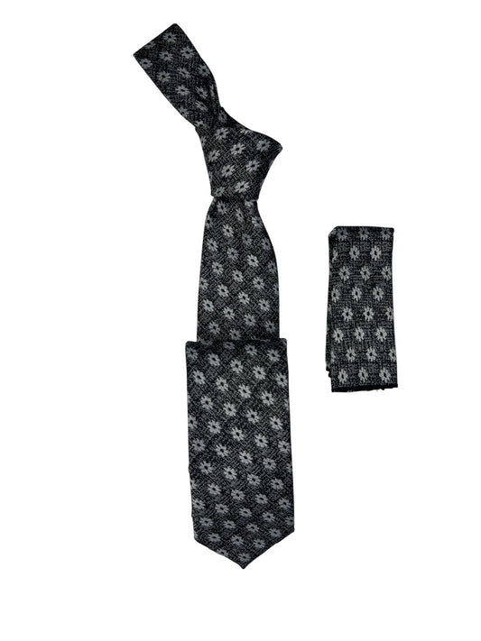 Jacquard Woven Tie with handkerchief 7cm Black