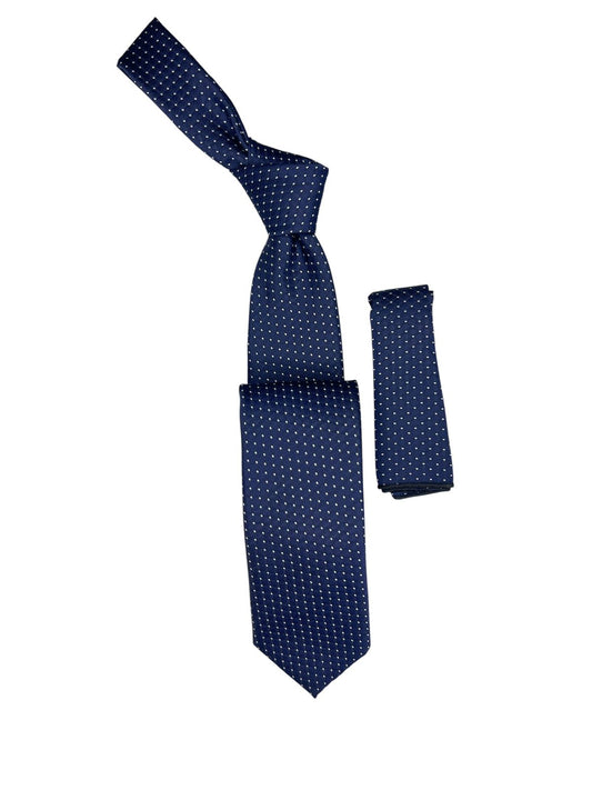 Dotted Woven Tie with handkerchief 7cm Navy
