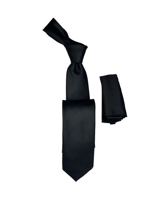 Jacquard Woven Tie with handkerchief 7cm Black
