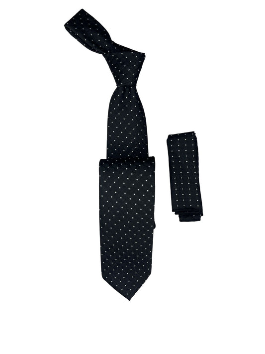 dotted Woven Tie with handkerchief 7cm Black