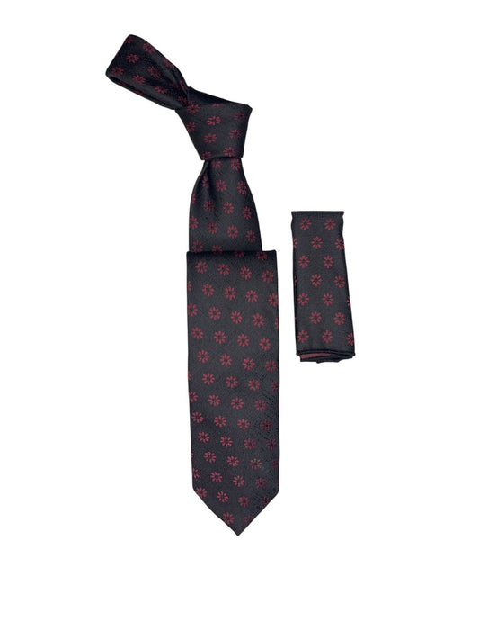 Jacquard Woven Tie with handkerchief 7cm Black