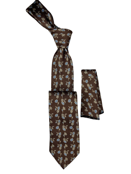 Jacquard Woven Tie with handkerchief 8cm brown