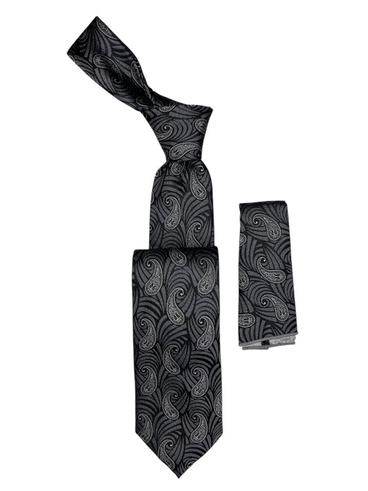 Jacquard Woven Tie with handkerchief 8cm Black